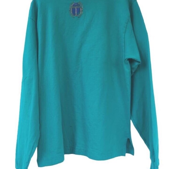 Vintage 90's Hand Painted Glitter Puff Paint Turquoise Mock Neck Longsleeve T - Picture 6 of 6